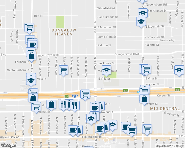 map of restaurants, bars, coffee shops, grocery stores, and more near 12 Clark Alley in Pasadena