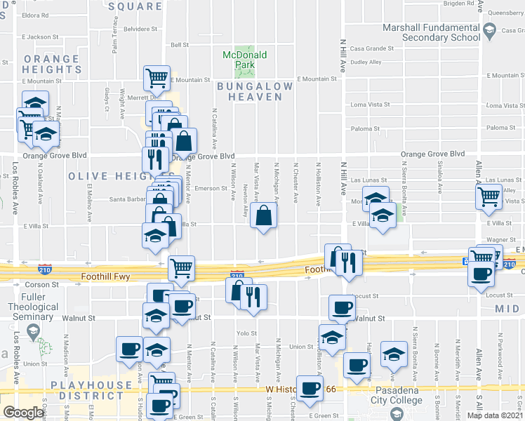 map of restaurants, bars, coffee shops, grocery stores, and more near 516 Mar Vista Avenue in Pasadena