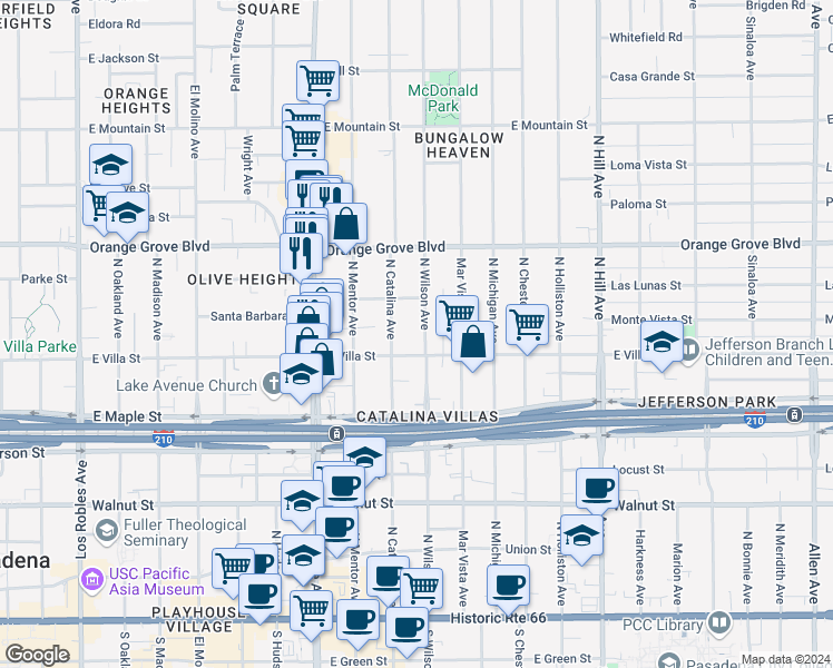 map of restaurants, bars, coffee shops, grocery stores, and more near 514 North Wilson Avenue in Pasadena
