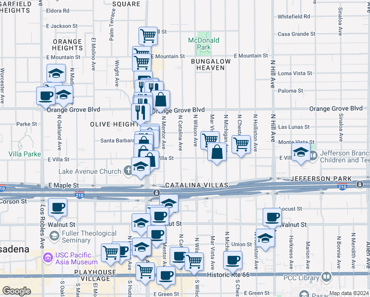 map of restaurants, bars, coffee shops, grocery stores, and more near 526 North Catalina Avenue in Pasadena