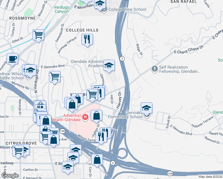 map of restaurants, bars, coffee shops, grocery stores, and more near 612 Corwin Avenue in Glendale