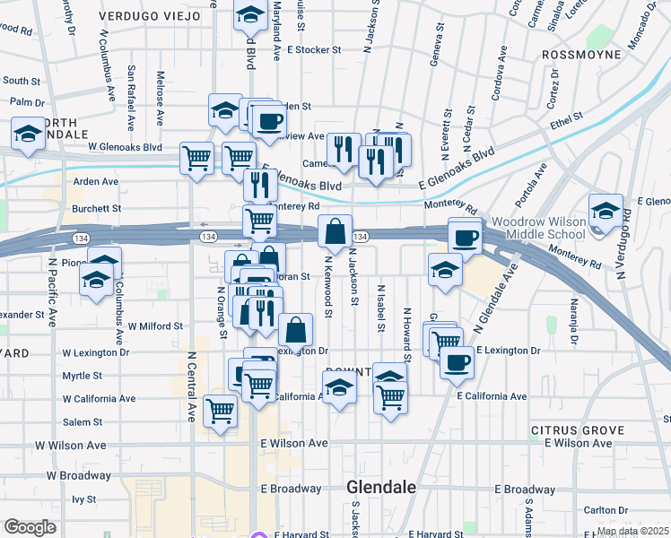 map of restaurants, bars, coffee shops, grocery stores, and more near in Glendale