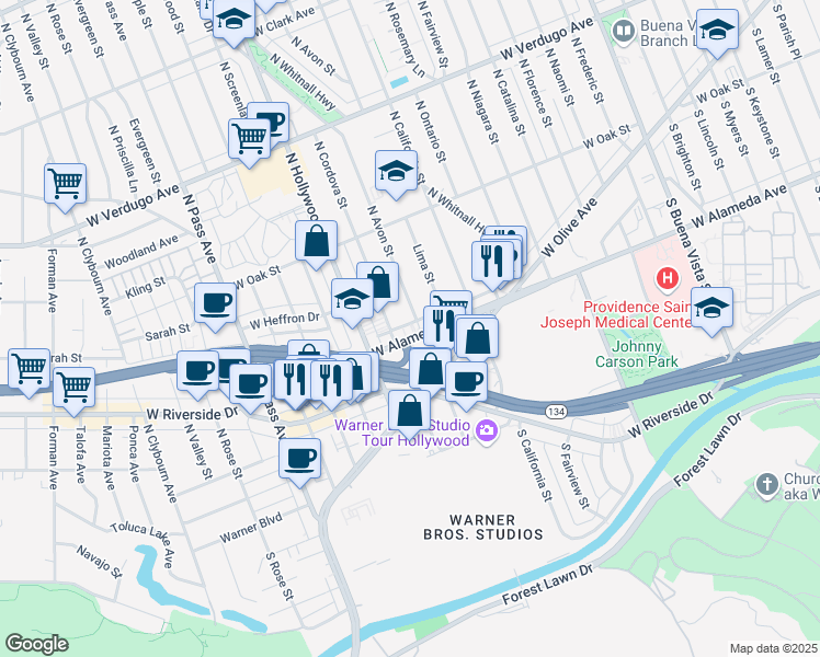 map of restaurants, bars, coffee shops, grocery stores, and more near 210 North Cordova Street in Burbank