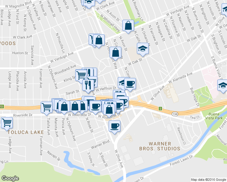 map of restaurants, bars, coffee shops, grocery stores, and more near 3810 West Heffron Drive in Burbank