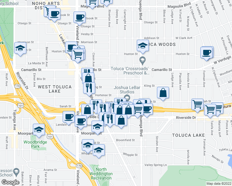 map of restaurants, bars, coffee shops, grocery stores, and more near 10737 Hortense Street in Los Angeles
