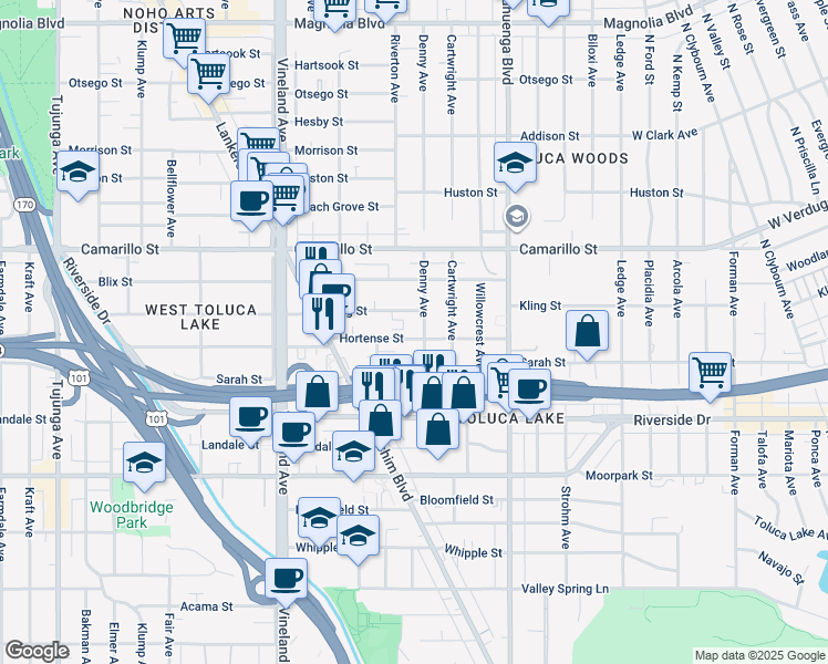 map of restaurants, bars, coffee shops, grocery stores, and more near 10737 Hortense Street in Los Angeles