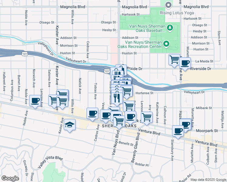 map of restaurants, bars, coffee shops, grocery stores, and more near 4610 Van Nuys Boulevard in Los Angeles