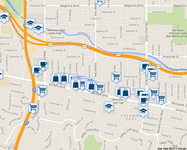 map of restaurants, bars, coffee shops, grocery stores, and more near 4631 Kester Avenue in Los Angeles