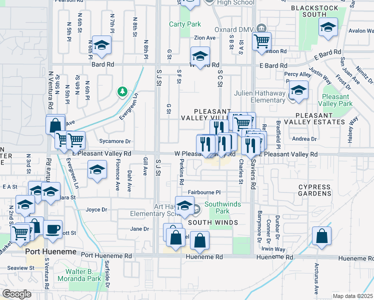 map of restaurants, bars, coffee shops, grocery stores, and more near 591 West Pleasant Valley Road in Oxnard