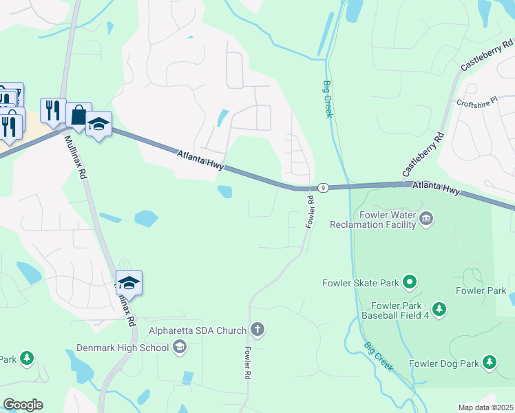 map of restaurants, bars, coffee shops, grocery stores, and more near 4435 Atlanta Highway in Alpharetta