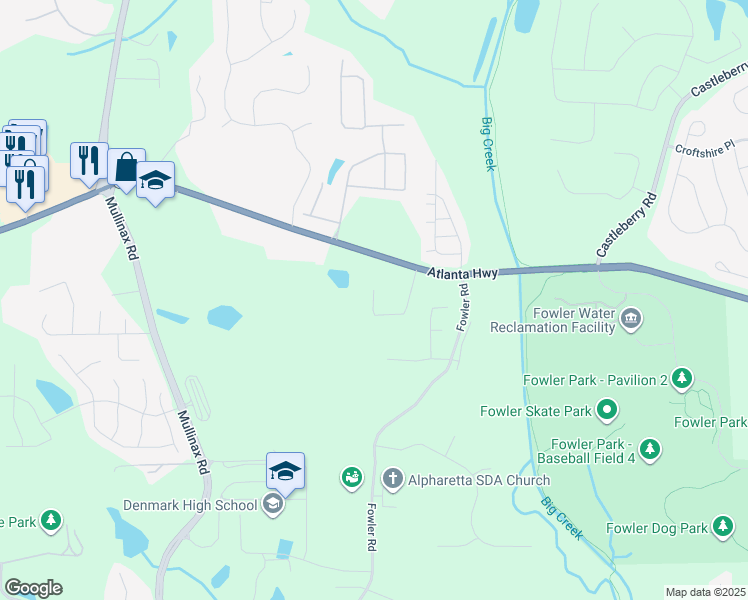 map of restaurants, bars, coffee shops, grocery stores, and more near 4435 Atlanta Highway in Alpharetta