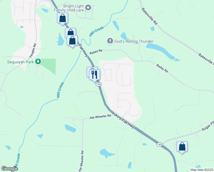 map of restaurants, bars, coffee shops, grocery stores, and more near 7919 Hickory Flat Highway in Woodstock