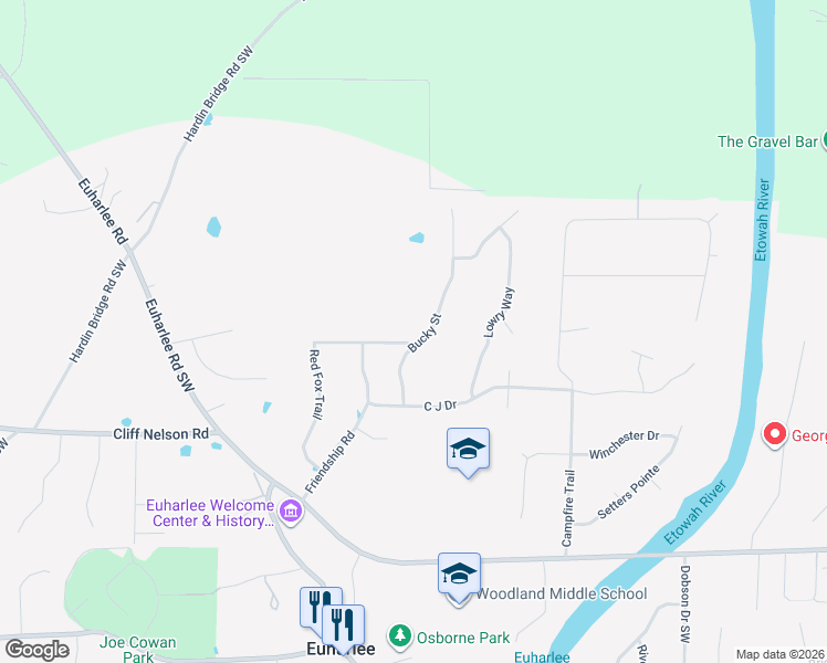 map of restaurants, bars, coffee shops, grocery stores, and more near 21 Bucky Street in Euharlee