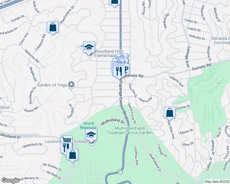 map of restaurants, bars, coffee shops, grocery stores, and more near 22022 Buenaventura Street in Los Angeles