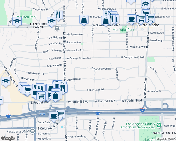 map of restaurants, bars, coffee shops, grocery stores, and more near 1026 Singing Wood Drive in Arcadia