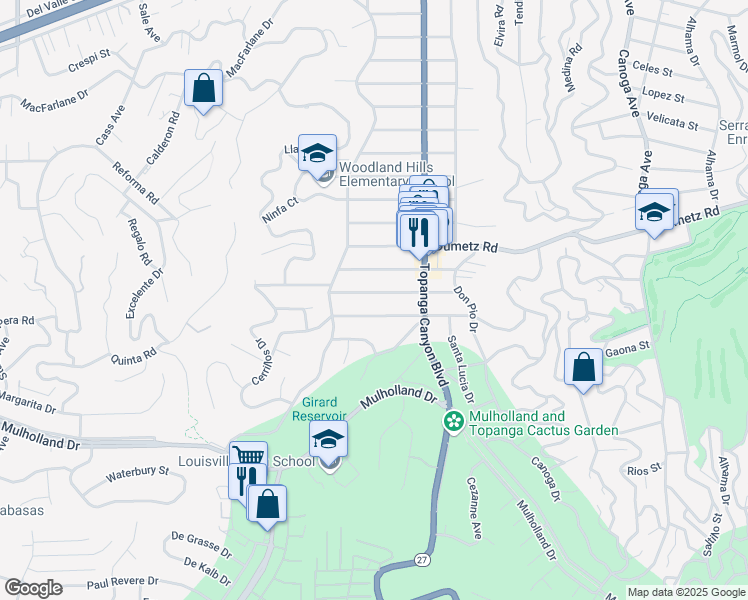 map of restaurants, bars, coffee shops, grocery stores, and more near 22100 Buenaventura Street in Los Angeles