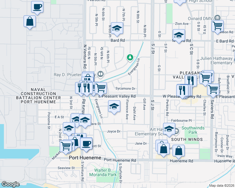 map of restaurants, bars, coffee shops, grocery stores, and more near 665 East Pleasant Valley Road in Port Hueneme