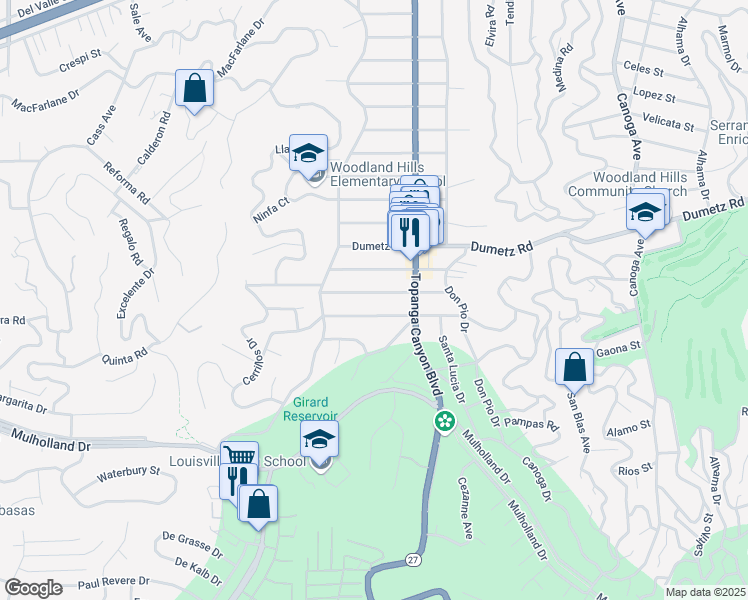 map of restaurants, bars, coffee shops, grocery stores, and more near 22050 Buenaventura Street in Los Angeles
