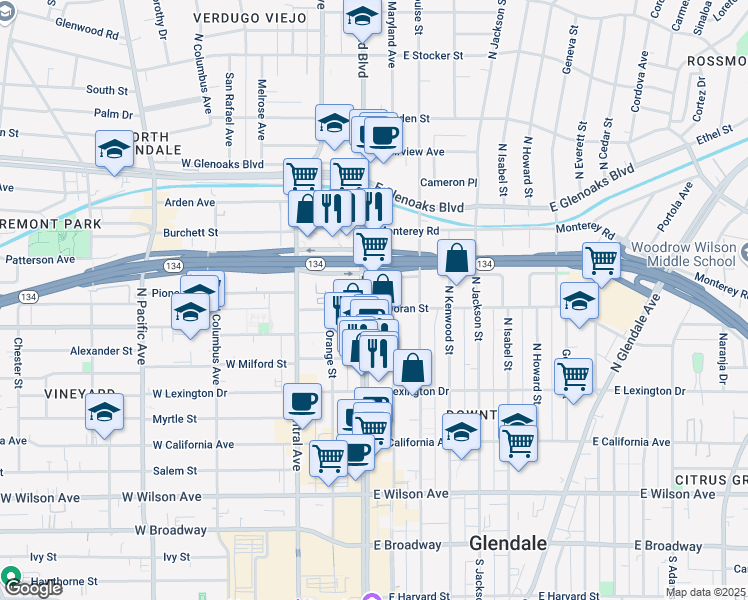 map of restaurants, bars, coffee shops, grocery stores, and more near 115-199 East Doran Street in Glendale