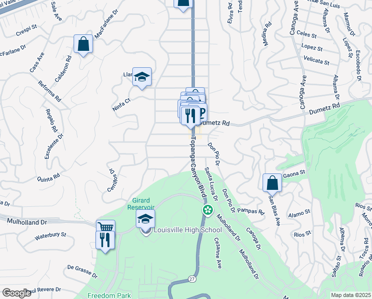 map of restaurants, bars, coffee shops, grocery stores, and more near 22016 Buenaventura Street in Los Angeles