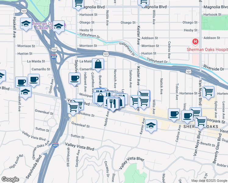 map of restaurants, bars, coffee shops, grocery stores, and more near 4635 Norwich Avenue in Los Angeles