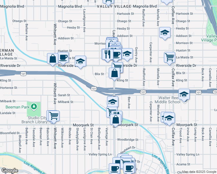 map of restaurants, bars, coffee shops, grocery stores, and more near 4630 Vantage Avenue in Los Angeles