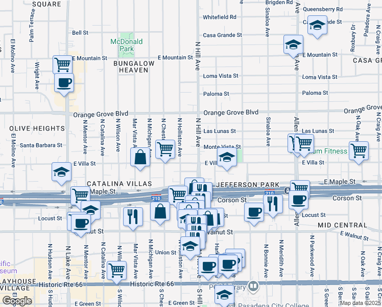 map of restaurants, bars, coffee shops, grocery stores, and more near 12 Clark Alley in Pasadena