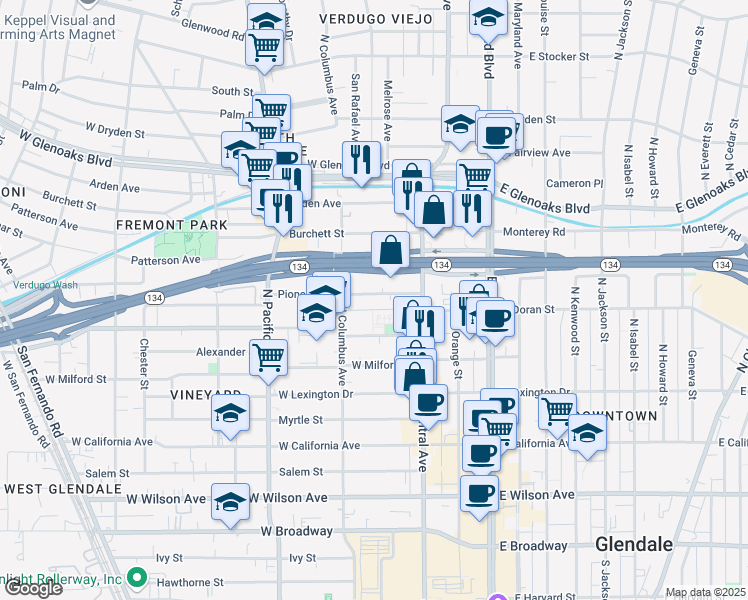 map of restaurants, bars, coffee shops, grocery stores, and more near 350 Pioneer Drive in Glendale