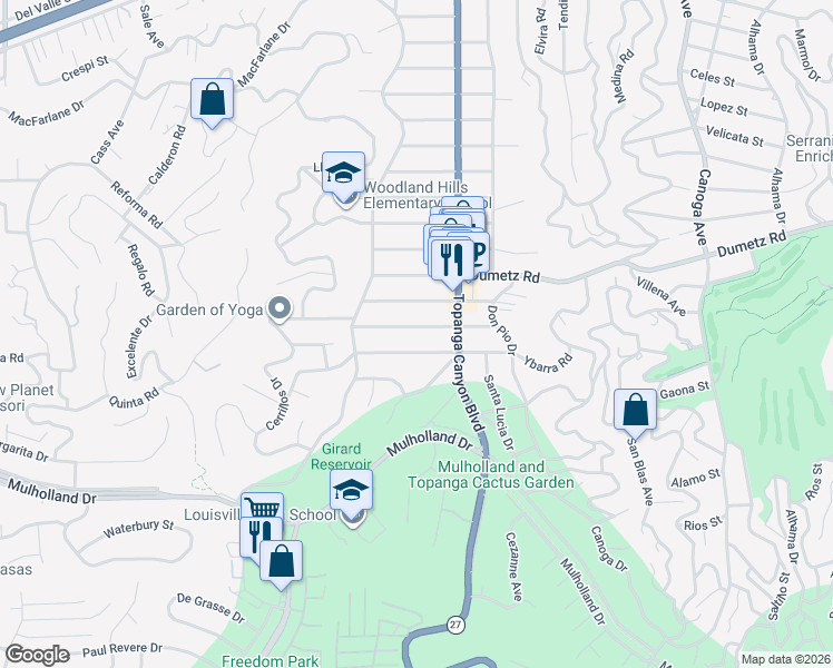 map of restaurants, bars, coffee shops, grocery stores, and more near 22046 Buenaventura Street in Los Angeles