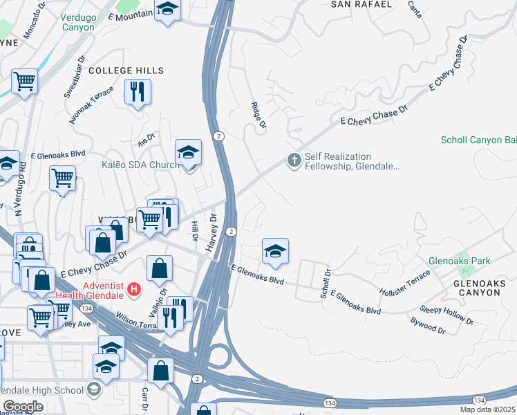 map of restaurants, bars, coffee shops, grocery stores, and more near 2060 Eleanore Drive in Glendale