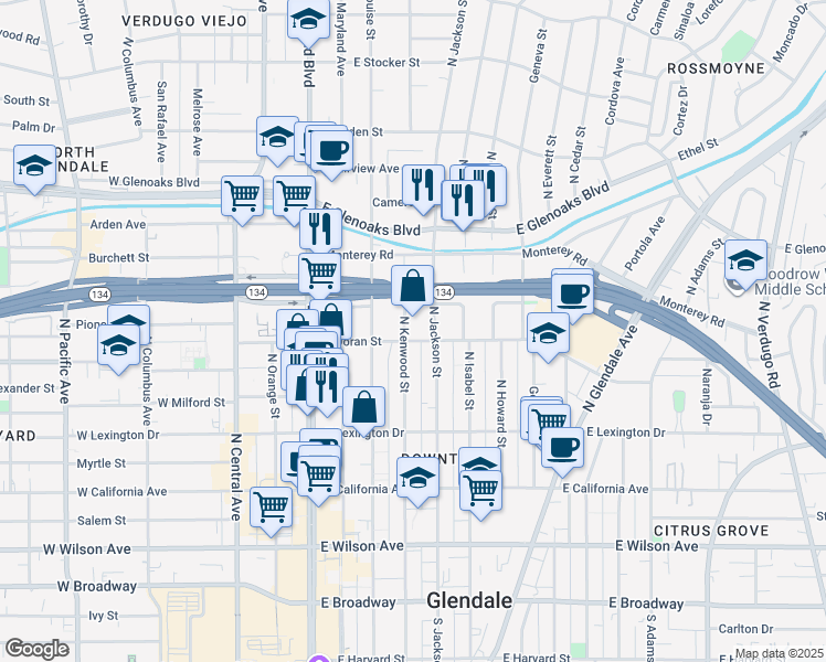 map of restaurants, bars, coffee shops, grocery stores, and more near 604 North Kenwood Street in Glendale