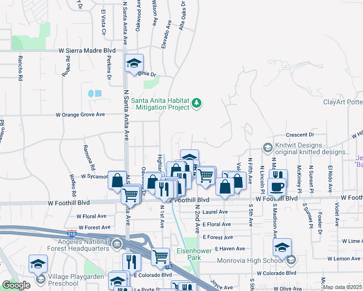 map of restaurants, bars, coffee shops, grocery stores, and more near 1260 Oakhaven Lane in Arcadia