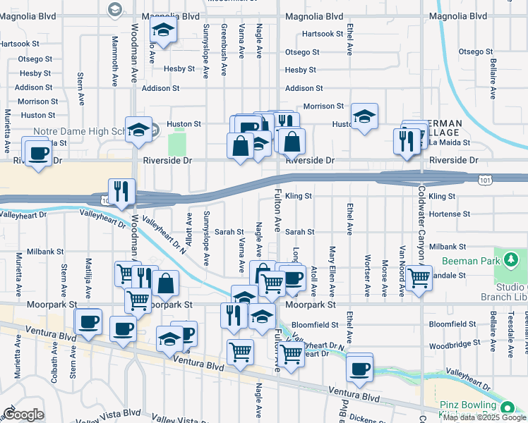 map of restaurants, bars, coffee shops, grocery stores, and more near 4634 Nagle Avenue in Los Angeles