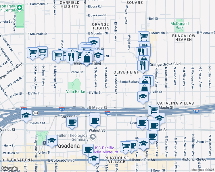 map of restaurants, bars, coffee shops, grocery stores, and more near 532 North Madison Avenue in Pasadena