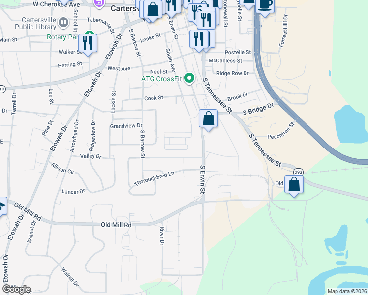 map of restaurants, bars, coffee shops, grocery stores, and more near 20 Park Circle in Cartersville