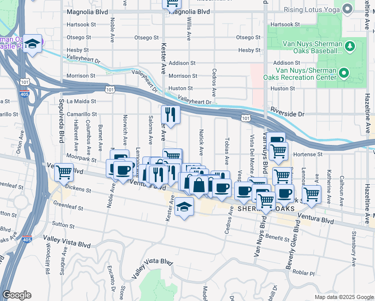 map of restaurants, bars, coffee shops, grocery stores, and more near 4623 Willis Avenue in Los Angeles