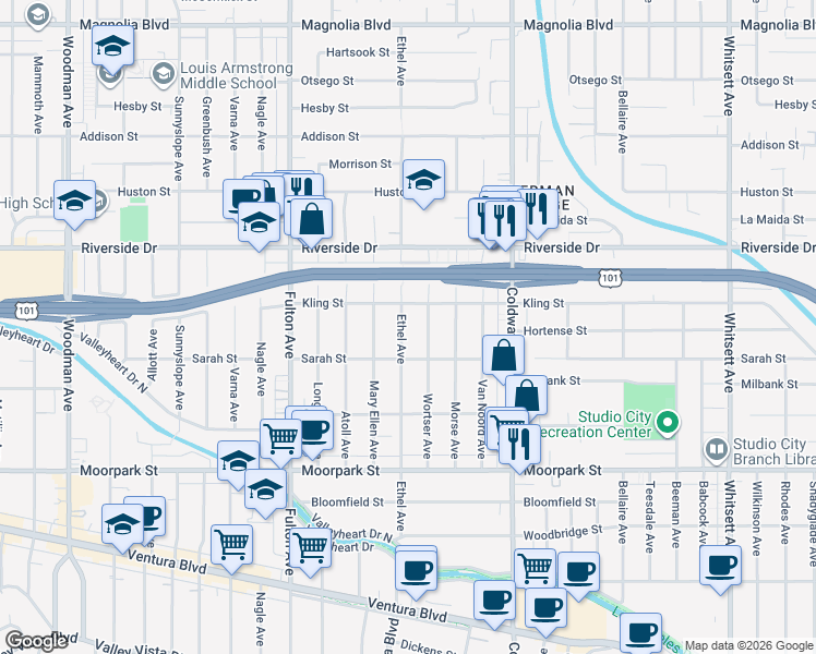 map of restaurants, bars, coffee shops, grocery stores, and more near 4634 Ethel Avenue in Los Angeles