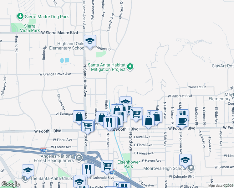 map of restaurants, bars, coffee shops, grocery stores, and more near 1261 Oakhaven Lane in Arcadia