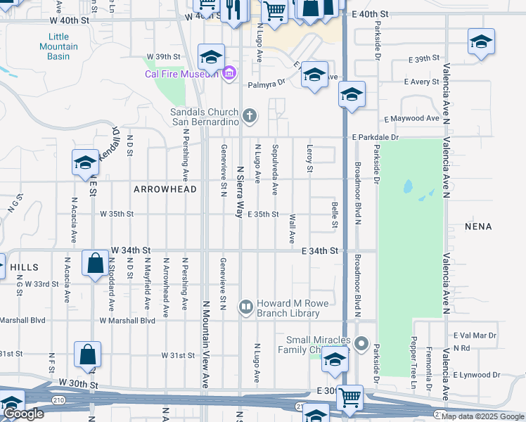 map of restaurants, bars, coffee shops, grocery stores, and more near 3507 North Lugo Avenue in San Bernardino