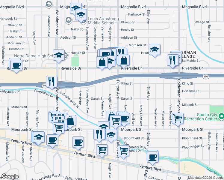 map of restaurants, bars, coffee shops, grocery stores, and more near 4634 Nagle Avenue in Los Angeles