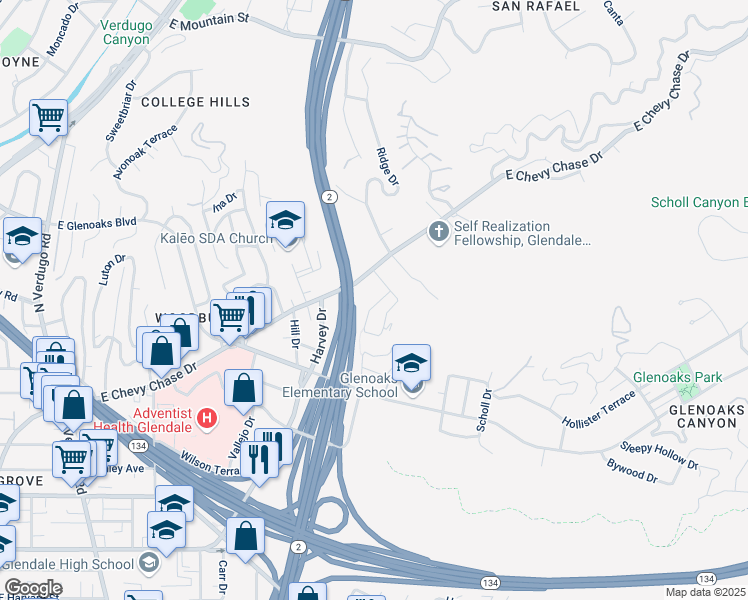 map of restaurants, bars, coffee shops, grocery stores, and more near 2045 Eleanore Drive in Glendale