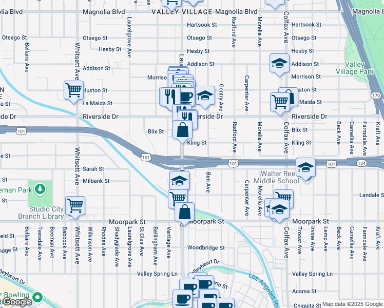 map of restaurants, bars, coffee shops, grocery stores, and more near 4636 Laurel Canyon Boulevard in Los Angeles