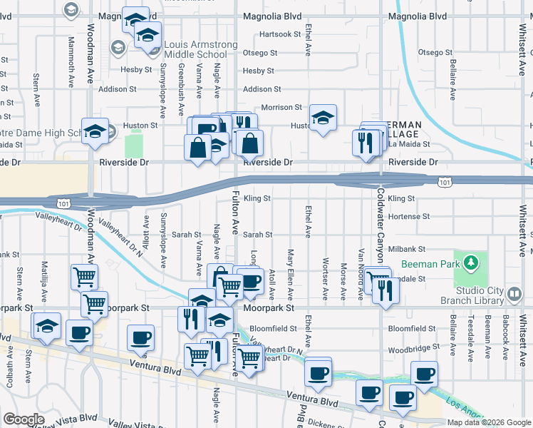 map of restaurants, bars, coffee shops, grocery stores, and more near 4635 Atoll Avenue in Los Angeles