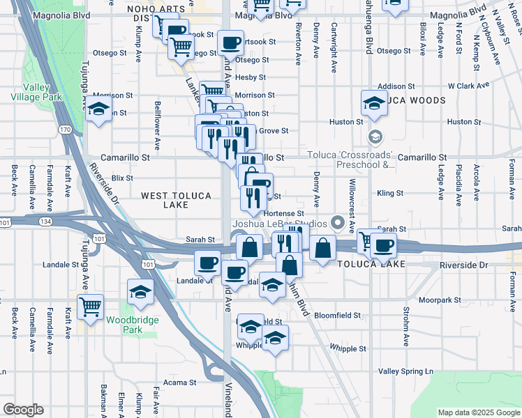 map of restaurants, bars, coffee shops, grocery stores, and more near 10850 Kling Street in Los Angeles
