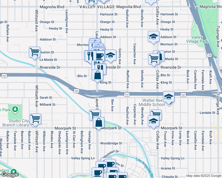 map of restaurants, bars, coffee shops, grocery stores, and more near 4633 Ben Avenue in Los Angeles