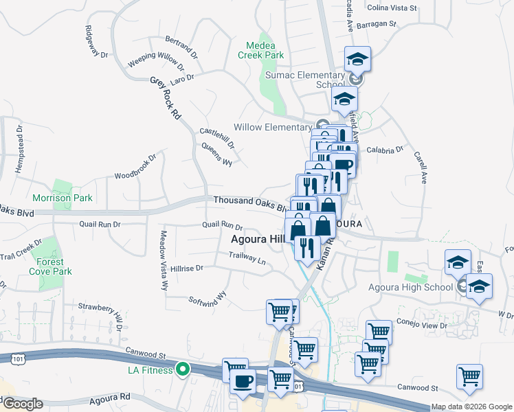 map of restaurants, bars, coffee shops, grocery stores, and more near 29153 Oakpath Drive in Agoura Hills