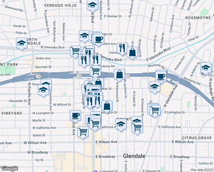 map of restaurants, bars, coffee shops, grocery stores, and more near 605 North Louise Street in Glendale