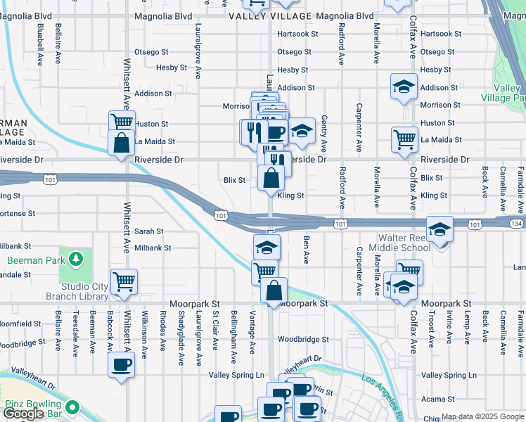 map of restaurants, bars, coffee shops, grocery stores, and more near 4641 Laurel Canyon Boulevard in Los Angeles