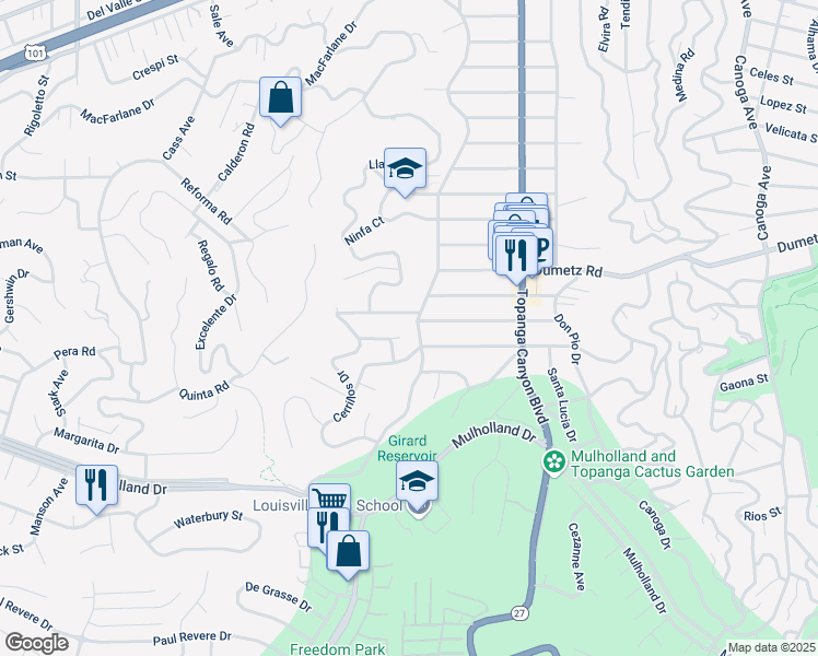 map of restaurants, bars, coffee shops, grocery stores, and more near 4825 San Feliciano Drive in Los Angeles