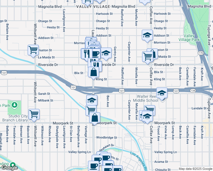 map of restaurants, bars, coffee shops, grocery stores, and more near 4633 Ben Avenue in Los Angeles